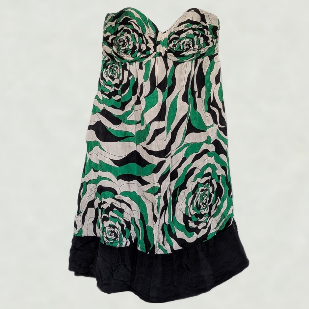 Shoshanna Strapless Abstract Floral Print Mini Dress Green Black Cream sz 4
